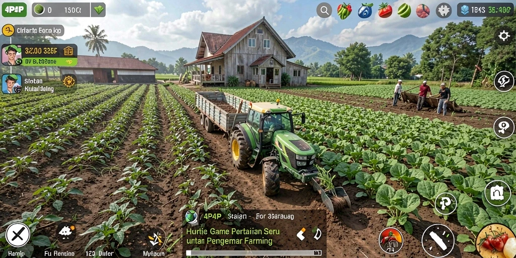 Screenshot gameplay 4P4P menampilkan kebun yang indah dan produktif.
