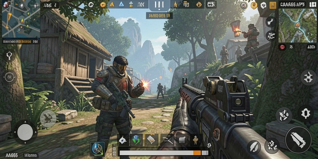 Screenshot gameplay AA666 menampilkan aksi seru dalam pertempuran TPS.