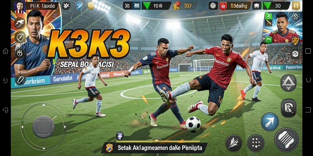 Tampilan gameplay K3K3 yang menampilkan aksi sepak bola seru.