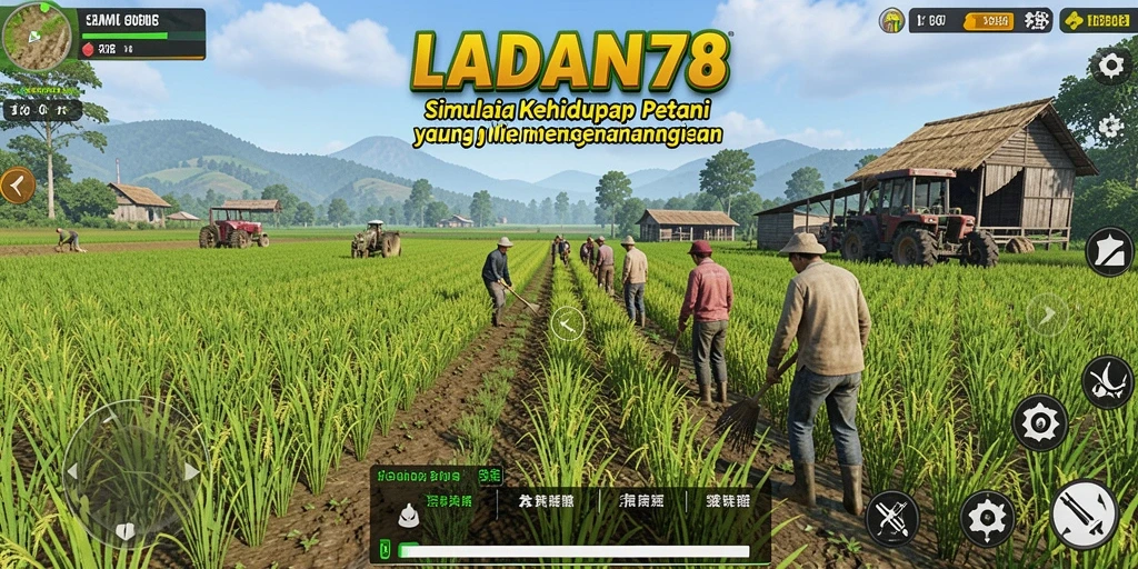Screenshot gameplay <strong>LADANG78</strong> menampilkan ladang hijau yang rimbun dan aktivitas petani.