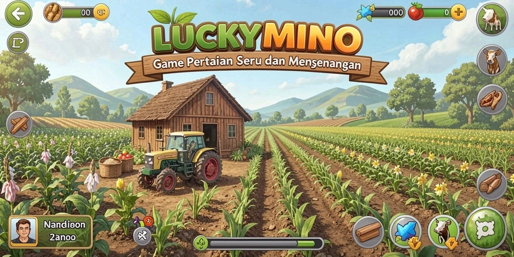 Tampilan gameplay LUCKYMINO dengan aktivitas bertani yang menyenangkan.