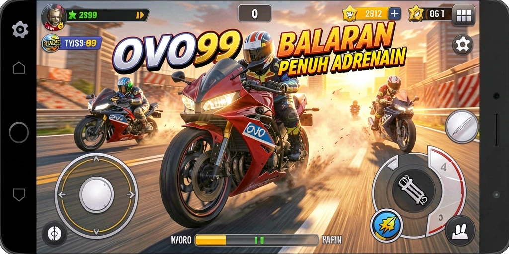 Screenshot gameplay OVO99 menampilkan aksi balapan motor yang intens.