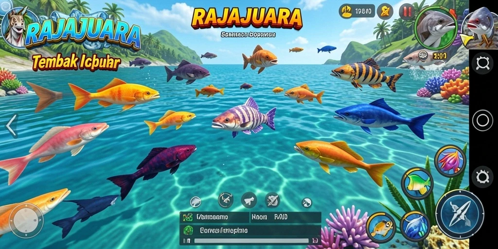 Tangkapan layar utama RAJAJUARA menampilkan aksi menembak ikan yang seru.