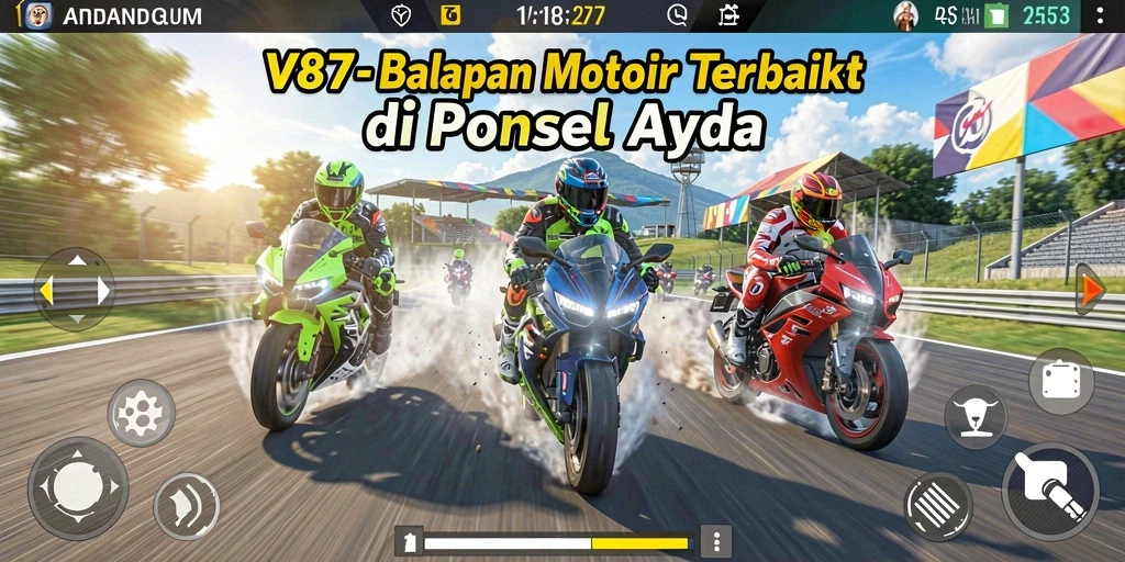 Tampilan gameplay yang mendebarkan dari V87 saat balapan motor.
