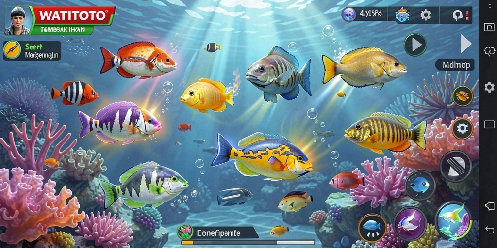 Tampilan gameplay seru di WATITOTO saat menangkap ikan.